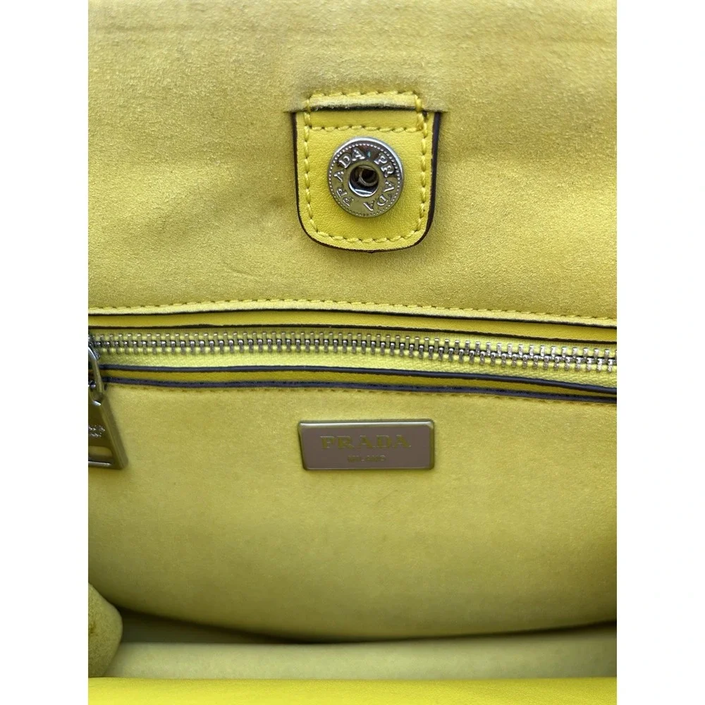 Prada Vitello Daino Yellow Leather Double Zip Tote Satchel Handbag
